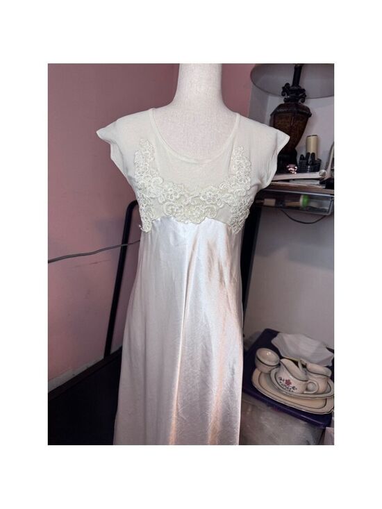 Collection by intime of California Other - Satin gown cream sz med USA made! Satin bottom top sheer embroidered